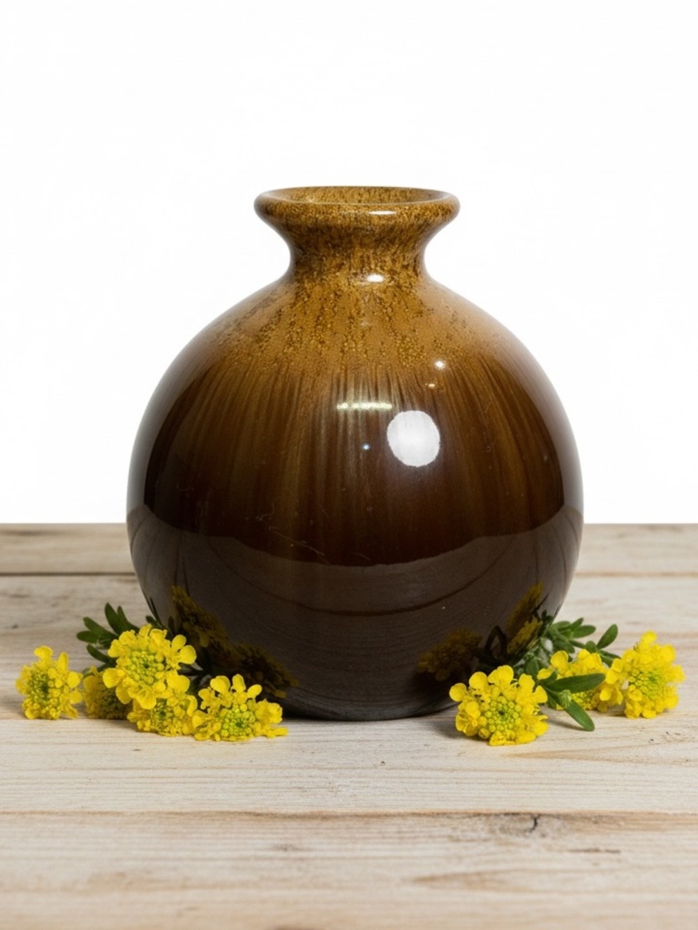 Vintage Mid Century Modern Brown Gold Drip Glaze Spherical Bud Vase